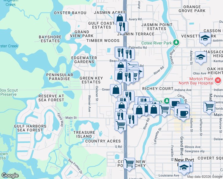 map of restaurants, bars, coffee shops, grocery stores, and more near 5115 Green Key Road in New Port Richey