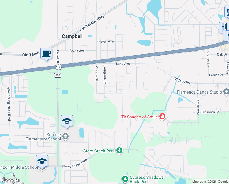 map of restaurants, bars, coffee shops, grocery stores, and more near 4359 Hazel Street in Kissimmee