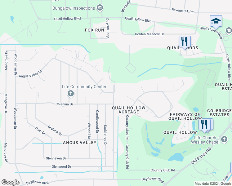 map of restaurants, bars, coffee shops, grocery stores, and more near 6608 Angus Valley Drive in Zephyrhills