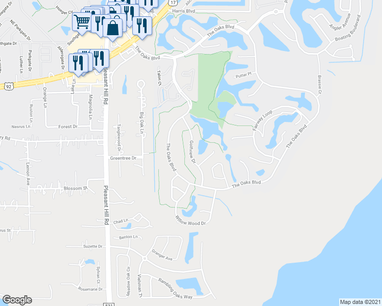 map of restaurants, bars, coffee shops, grocery stores, and more near 1735 Golfview Drive in Kissimmee