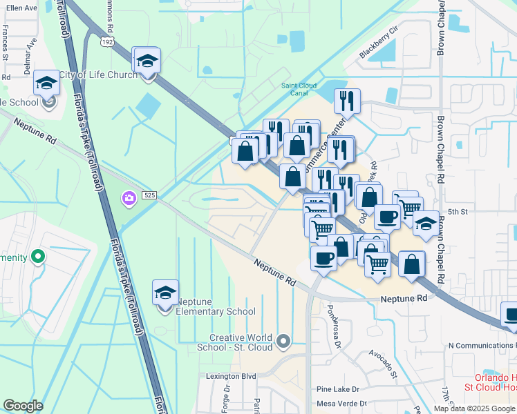 map of restaurants, bars, coffee shops, grocery stores, and more near 532 Neptune Bay Circle in St. Cloud