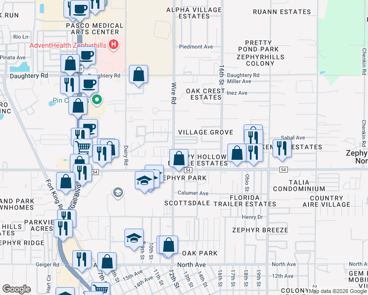 map of restaurants, bars, coffee shops, grocery stores, and more near 38531 Windflower Avenue in Zephyrhills