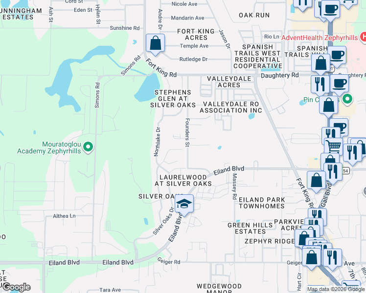 map of restaurants, bars, coffee shops, grocery stores, and more near 6625 Foxmoor Drive in Zephyrhills