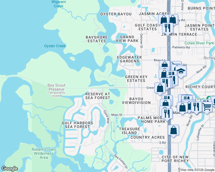 map of restaurants, bars, coffee shops, grocery stores, and more near 4650 Heavens Way in New Port Richey
