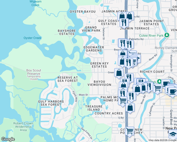 map of restaurants, bars, coffee shops, grocery stores, and more near 6608 Manor Beach Road in New Port Richey
