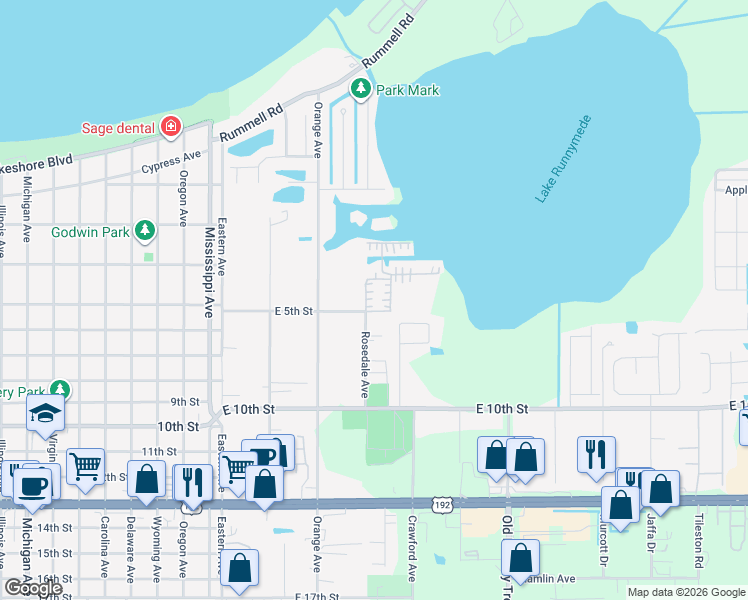 map of restaurants, bars, coffee shops, grocery stores, and more near 450 Rosedale Avenue in St. Cloud