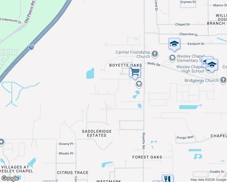 map of restaurants, bars, coffee shops, grocery stores, and more near 29723 Cooper Road in Wesley Chapel