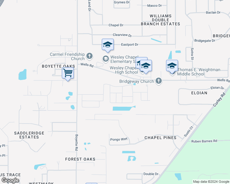 map of restaurants, bars, coffee shops, grocery stores, and more near 30327 Larimar Lane in Wesley Chapel
