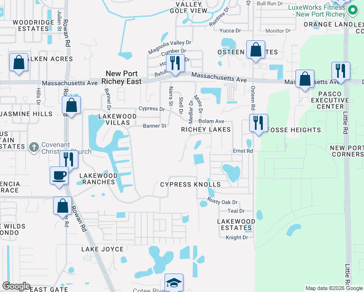 map of restaurants, bars, coffee shops, grocery stores, and more near 7625 Rohuna Drive in New Port Richey