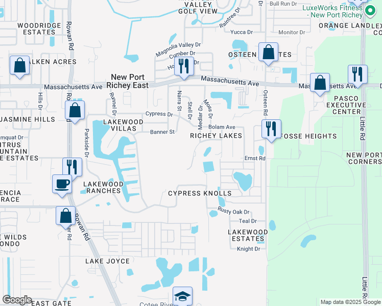 map of restaurants, bars, coffee shops, grocery stores, and more near 7617 Rohuna Drive in New Port Richey