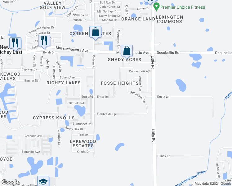 map of restaurants, bars, coffee shops, grocery stores, and more near 6604 Young Street in New Port Richey