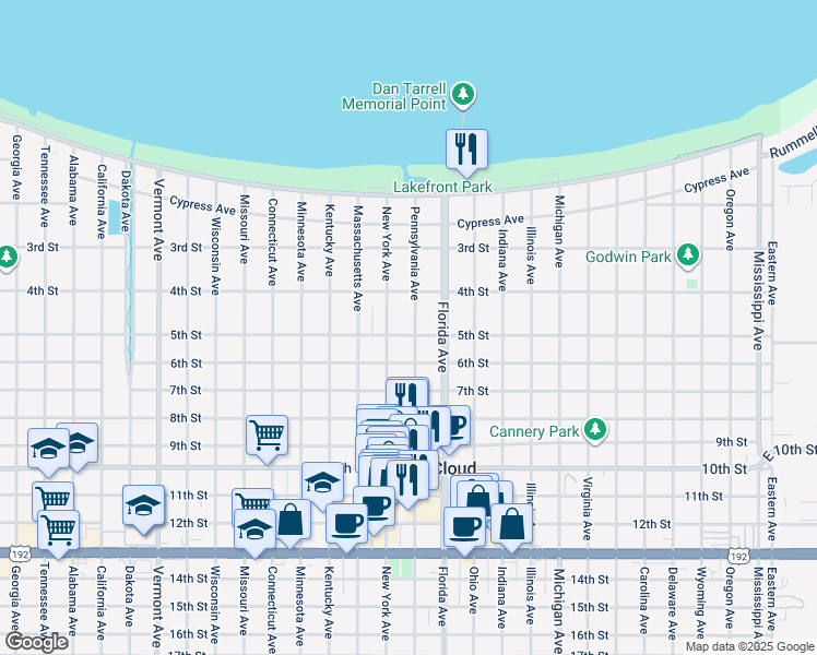 map of restaurants, bars, coffee shops, grocery stores, and more near 434 Pennsylvania Avenue in St. Cloud