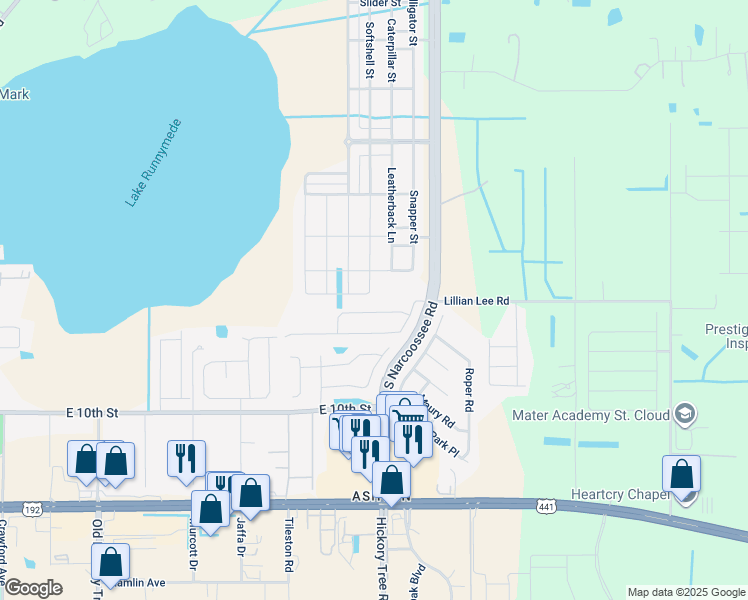 map of restaurants, bars, coffee shops, grocery stores, and more near 1815 Hawksbill Lane in St. Cloud