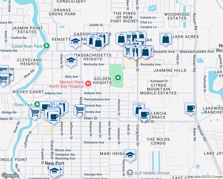 map of restaurants, bars, coffee shops, grocery stores, and more near 6214 Silver Drive in New Port Richey