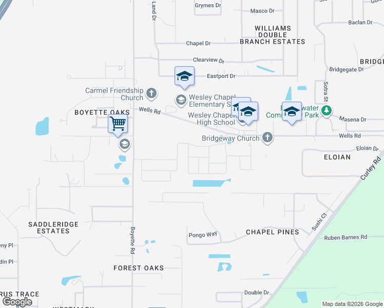 map of restaurants, bars, coffee shops, grocery stores, and more near 30327 Larimar Lane in Wesley Chapel