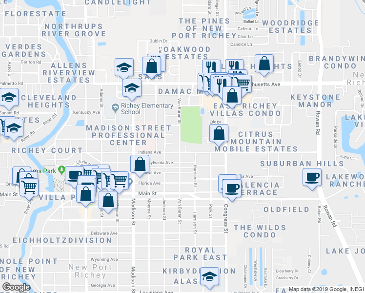 map of restaurants, bars, coffee shops, grocery stores, and more near 6604 Van Buren Street in New Port Richey
