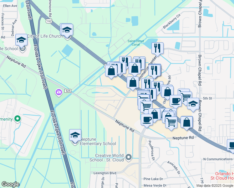 map of restaurants, bars, coffee shops, grocery stores, and more near 532 Neptune Bay Circle in St. Cloud