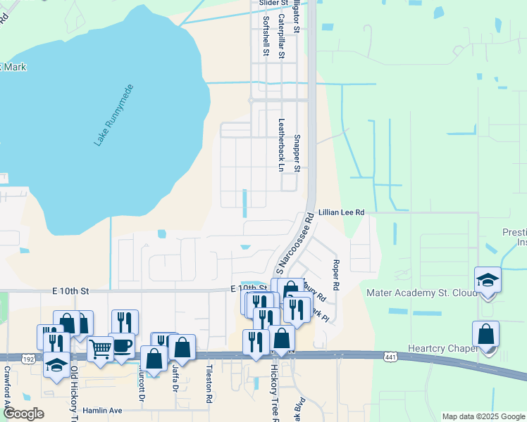 map of restaurants, bars, coffee shops, grocery stores, and more near 1815 Hawksbill Lane in St. Cloud