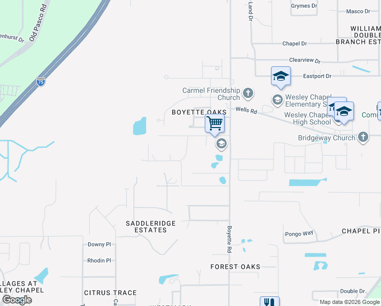 map of restaurants, bars, coffee shops, grocery stores, and more near 29824 Wells Road in Wesley Chapel