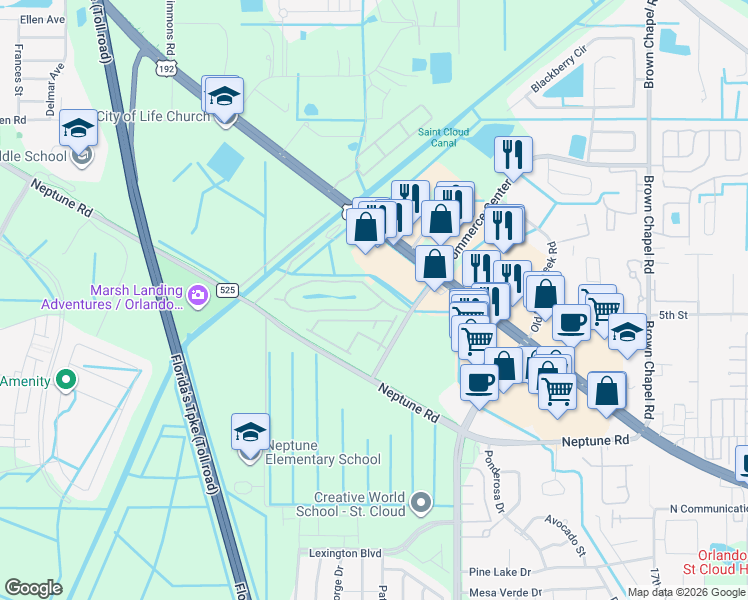 map of restaurants, bars, coffee shops, grocery stores, and more near 527 Neptune Bay Circle in St. Cloud