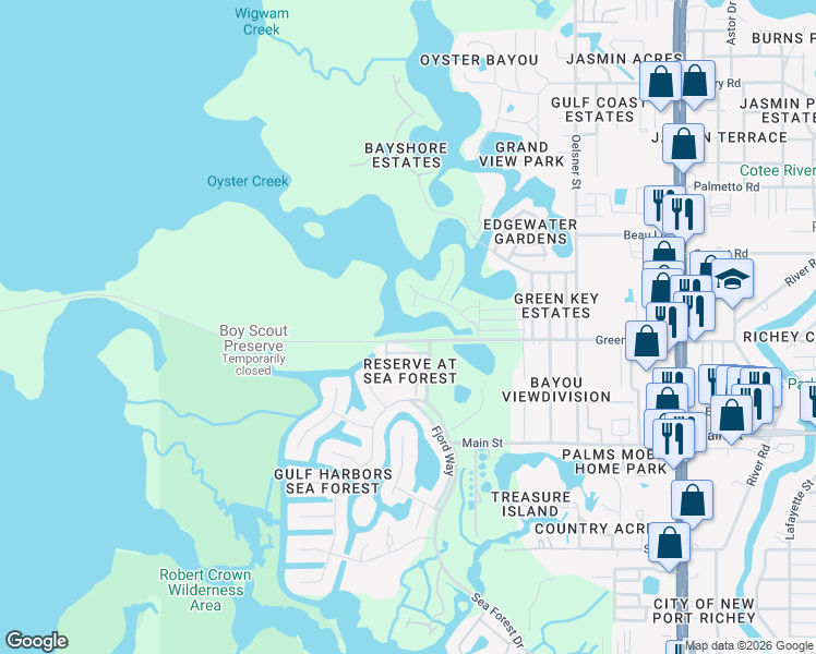 map of restaurants, bars, coffee shops, grocery stores, and more near 4602 Heavens Way in New Port Richey