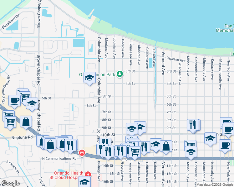 map of restaurants, bars, coffee shops, grocery stores, and more near 420 Georgia Avenue in St. Cloud
