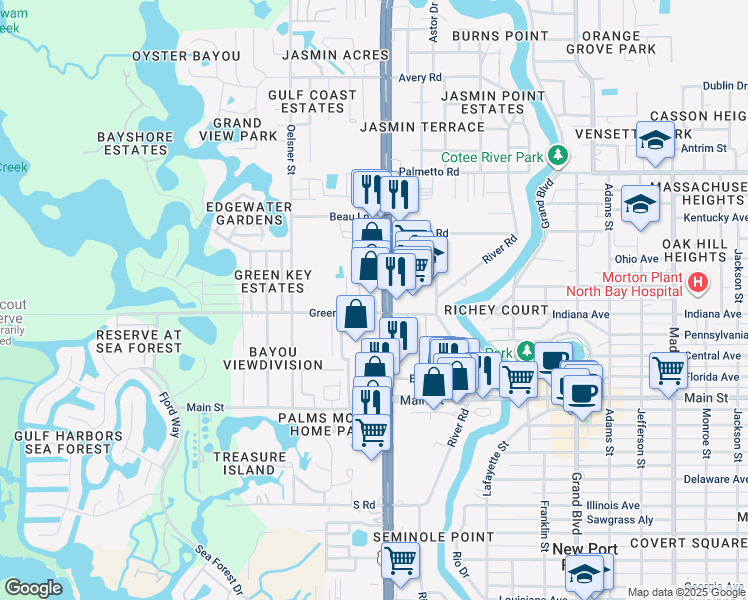 map of restaurants, bars, coffee shops, grocery stores, and more near 6621 U.S. 19 in Port Richey