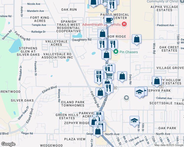 map of restaurants, bars, coffee shops, grocery stores, and more near 37819 Bentley Drive in Zephyrhills