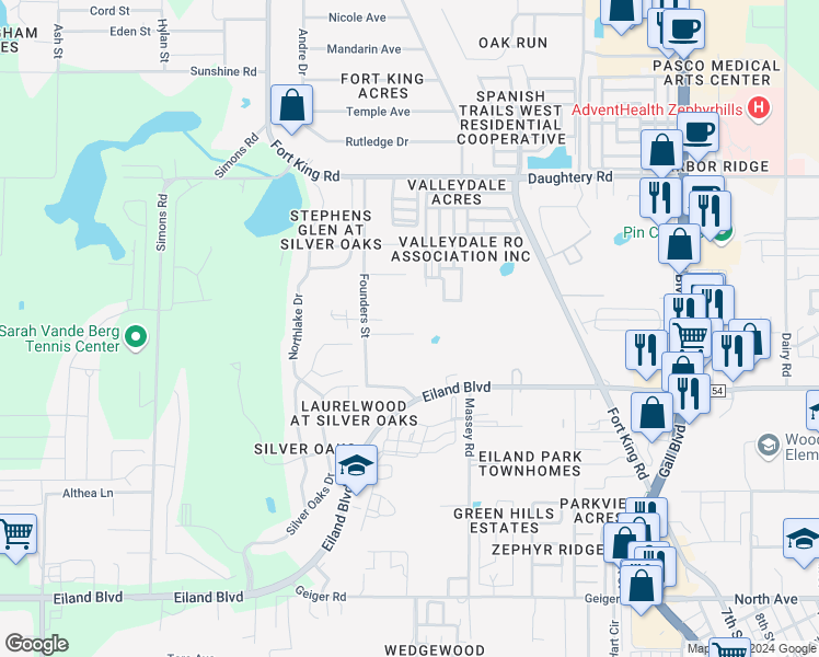 map of restaurants, bars, coffee shops, grocery stores, and more near 37351 Neighbors Path in Zephyrhills