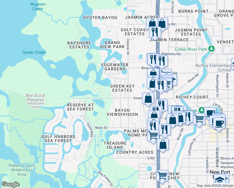 map of restaurants, bars, coffee shops, grocery stores, and more near 6608 Manor Beach Road in New Port Richey