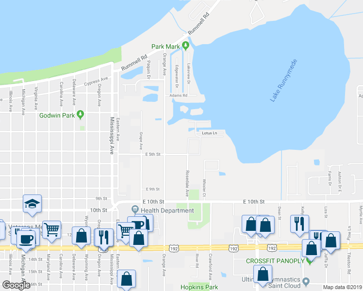 map of restaurants, bars, coffee shops, grocery stores, and more near 450 Rosedale Avenue in St. Cloud