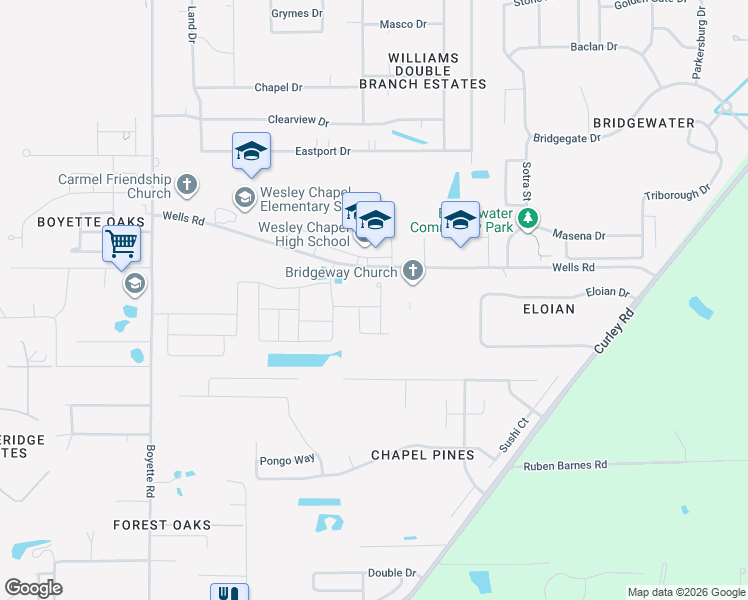 map of restaurants, bars, coffee shops, grocery stores, and more near 30651 Wells Road in Wesley Chapel