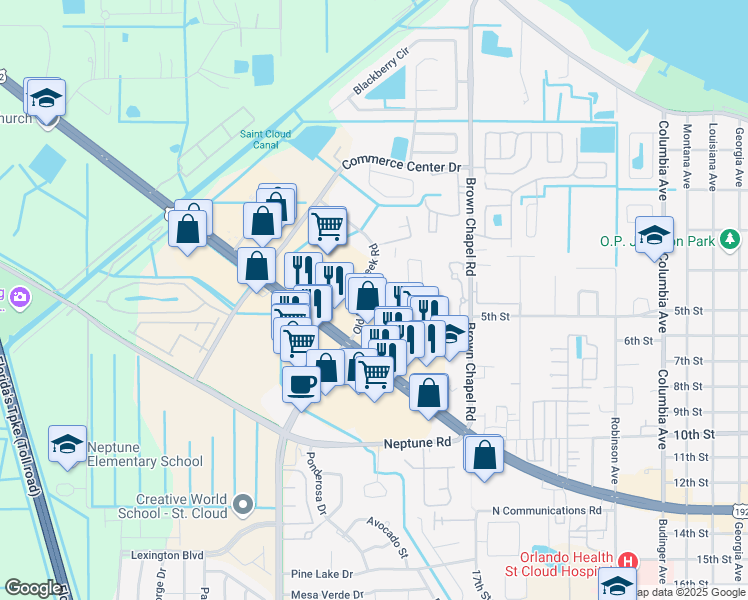 map of restaurants, bars, coffee shops, grocery stores, and more near 4641 Old Canoe Creek Road in St. Cloud