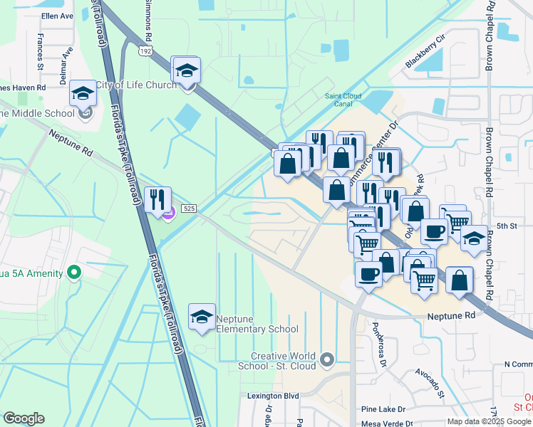 map of restaurants, bars, coffee shops, grocery stores, and more near 4900 Poolside Drive in St. Cloud