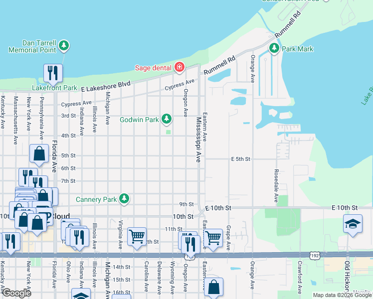 map of restaurants, bars, coffee shops, grocery stores, and more near 425 Oregon Avenue in Saint Cloud