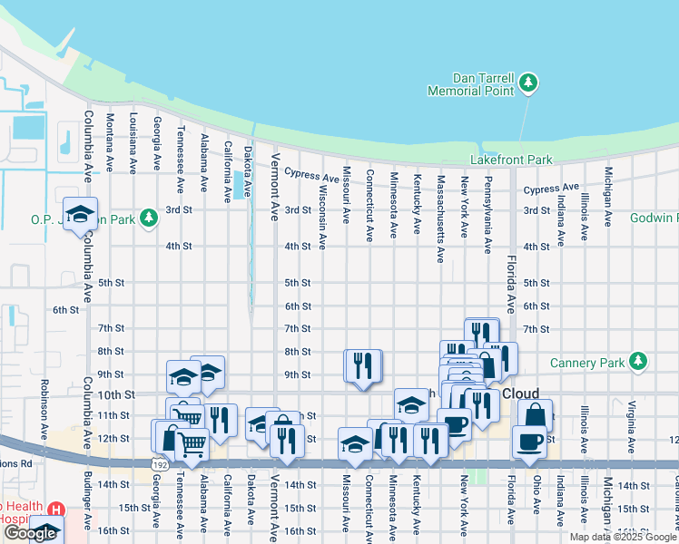 map of restaurants, bars, coffee shops, grocery stores, and more near 430 Missouri Ave in St Cloud