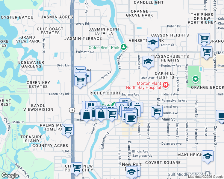 map of restaurants, bars, coffee shops, grocery stores, and more near 6622 Grand Boulevard in Port Richey