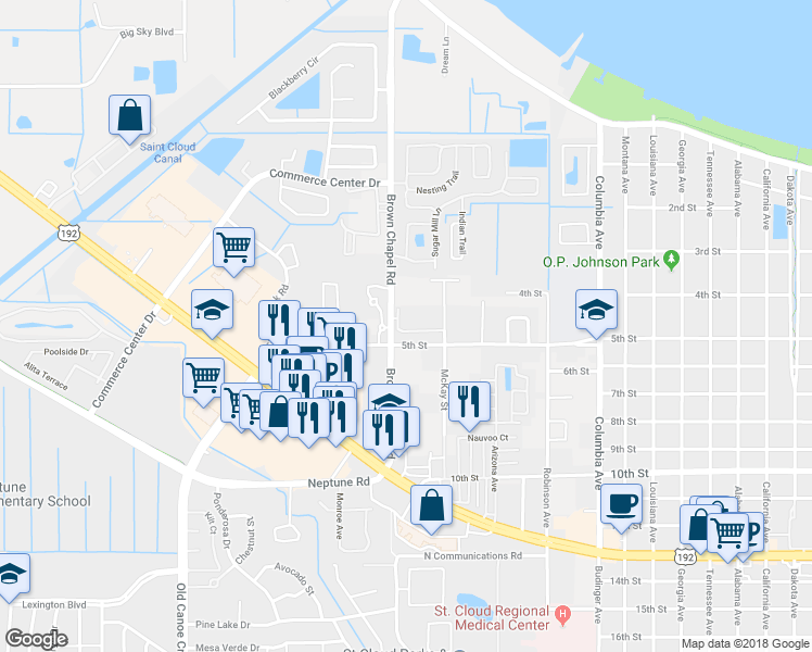 map of restaurants, bars, coffee shops, grocery stores, and more near 3560 Home Town Ln in St Cloud