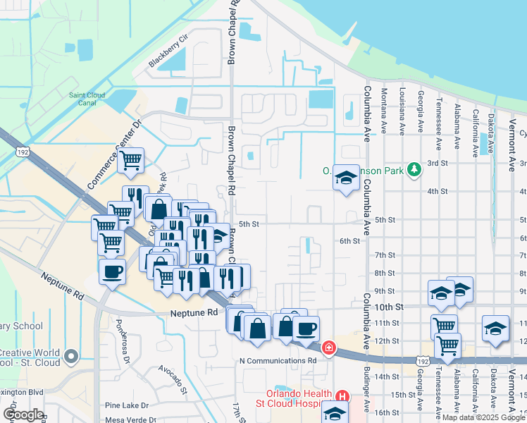 map of restaurants, bars, coffee shops, grocery stores, and more near 3400 Home Town Lane in St. Cloud