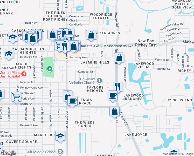 map of restaurants, bars, coffee shops, grocery stores, and more near 6608 Crossbow Lane in New Port Richey