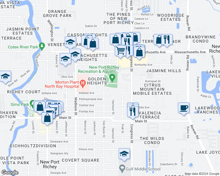 map of restaurants, bars, coffee shops, grocery stores, and more near 6612 Chalice Street in New Port Richey