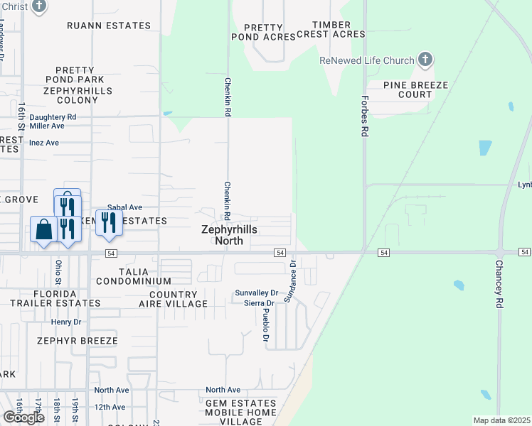map of restaurants, bars, coffee shops, grocery stores, and more near 39615 Papaya Avenue in Zephyrhills