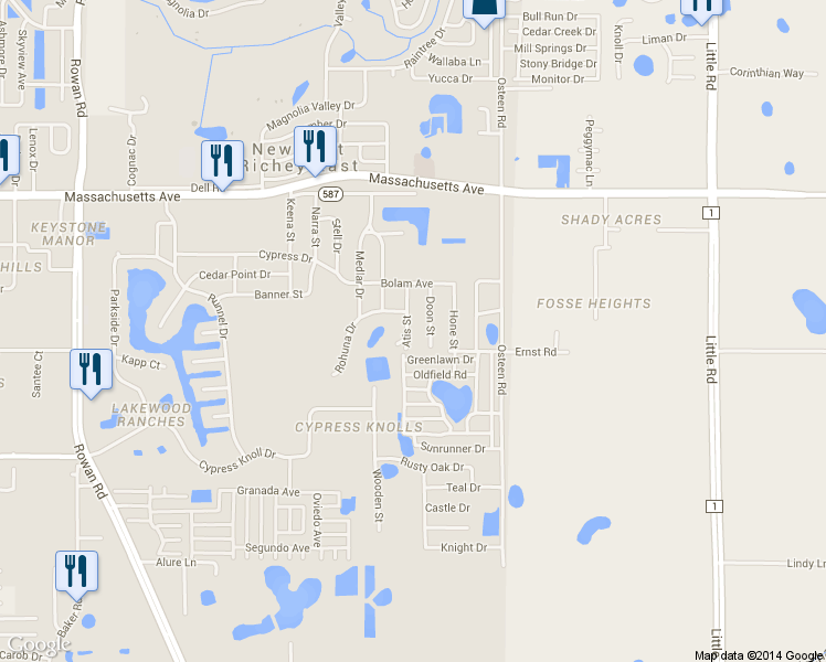 map of restaurants, bars, coffee shops, grocery stores, and more near 6610 Atis St in New Port Richey