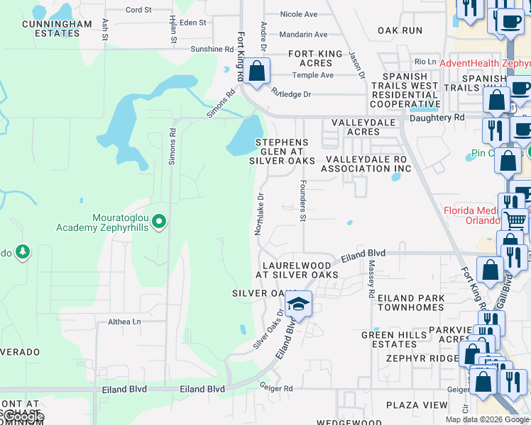 map of restaurants, bars, coffee shops, grocery stores, and more near 6634 Northlake Drive in Zephyrhills