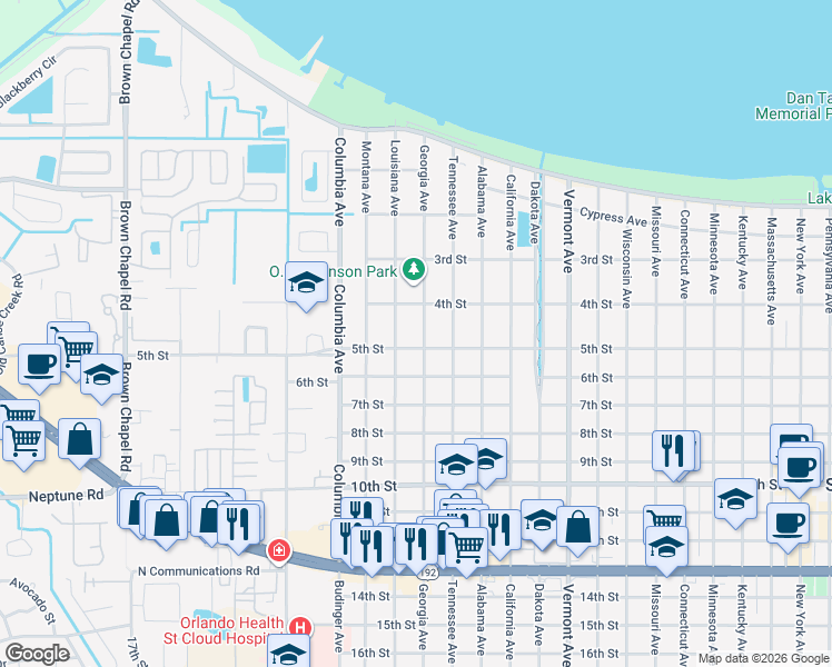 map of restaurants, bars, coffee shops, grocery stores, and more near 420 Georgia Avenue in St. Cloud