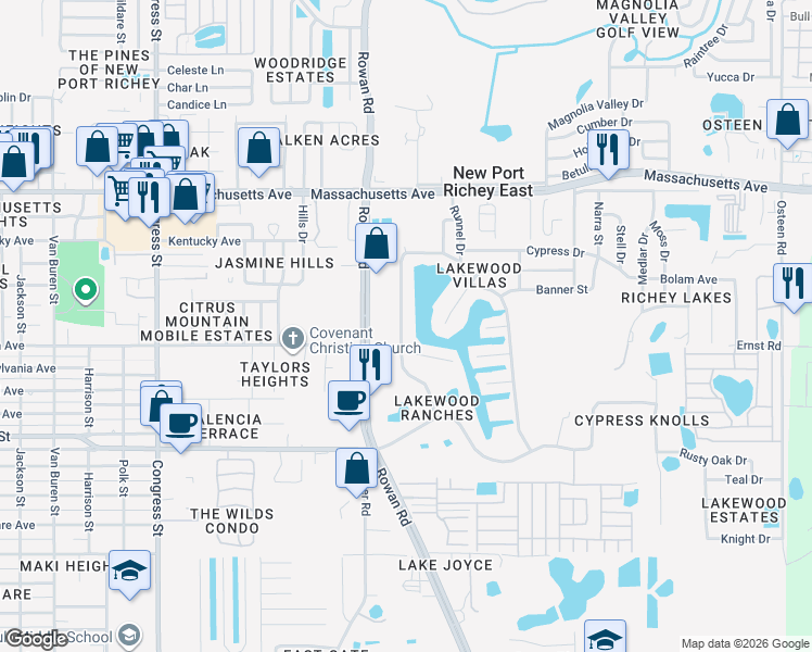 map of restaurants, bars, coffee shops, grocery stores, and more near 6610 Parkside Drive in New Port Richey