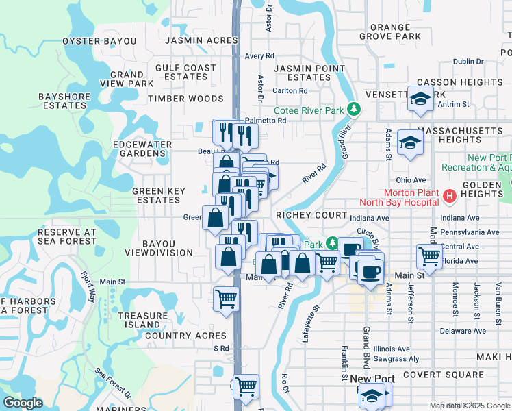 map of restaurants, bars, coffee shops, grocery stores, and more near 6624 U.S. 19 in New Port Richey
