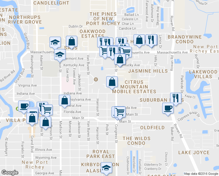 map of restaurants, bars, coffee shops, grocery stores, and more near 6627 Trichel Lane in New Port Richey