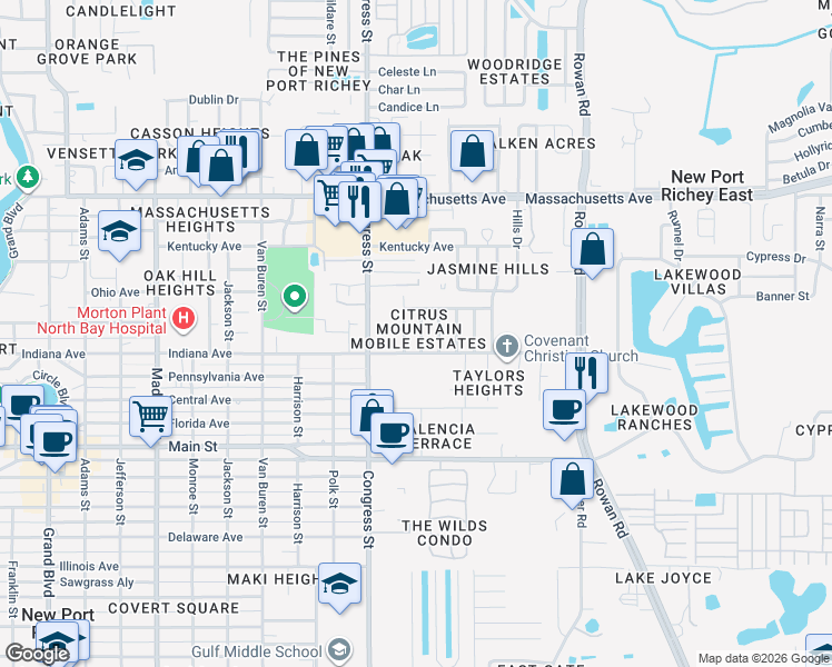 map of restaurants, bars, coffee shops, grocery stores, and more near 6615 Silverbell Drive in New Port Richey