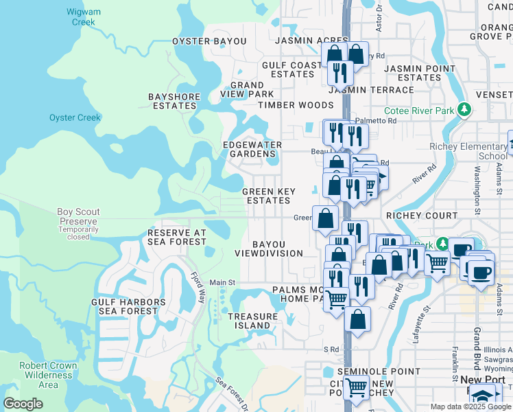 map of restaurants, bars, coffee shops, grocery stores, and more near 6614 Manor Beach Road in New Port Richey
